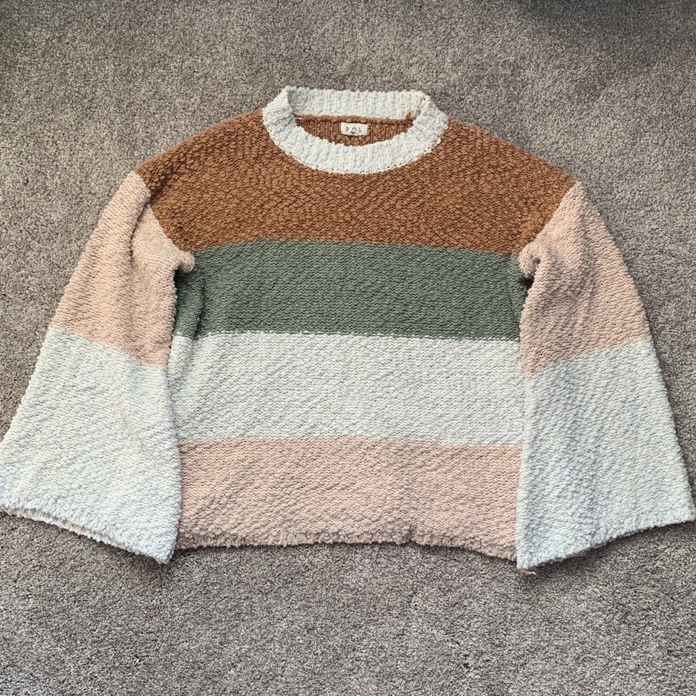 POL Women's Striped Crew Neck Popcorn Sweater Bell Sleeves Earthy Medium